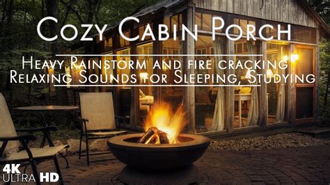 Cozy Cabin Porch With Heavy Rainstorm And Fire Cracking Relaxing