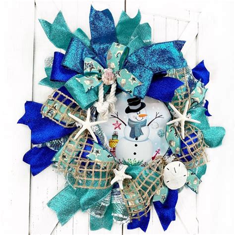 Snowman On The Beach Nautical Christmas Wreath For Front Door Etsy