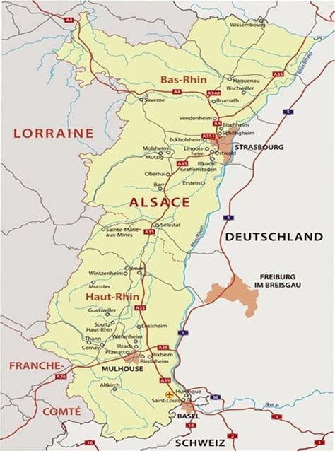 Mapa de la región de Alsacia rutas y pueblos Alsacia