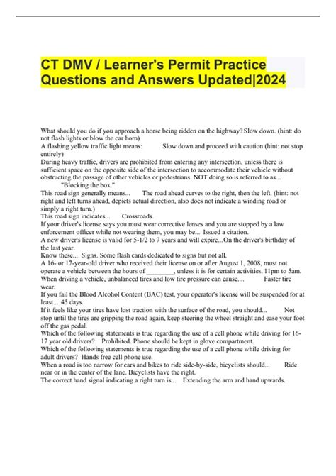 Ct Dmv Learners Permit Practice Questions And Answers Updated2024