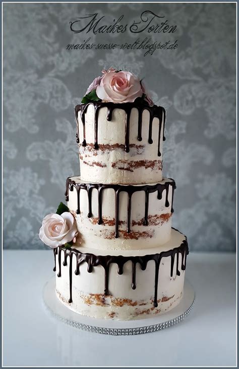 Maikes süße Welt semi naked cake Hochzeitstorte mit Schoko drip und