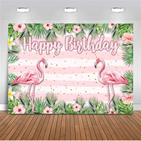 Mocsicka Flamingo Birthday Backdrop X Ft Vinyl Pink And White Stripes