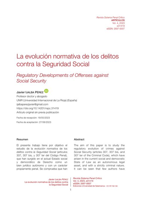 Pdf La Evolución Normativa De Los Delitos Contra La Seguridad Social