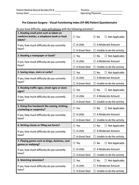 Pre Cataract Visual Functioning Index Vf R Patient Questionnaire