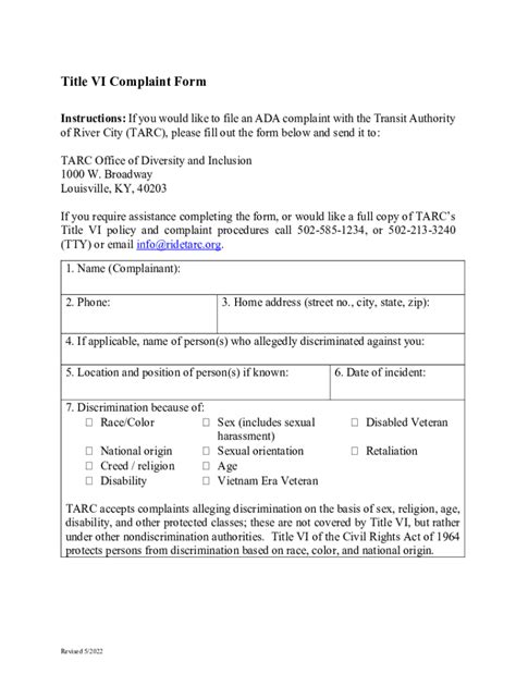 Fillable Online Americans With Disabilities Act Complaint Form And