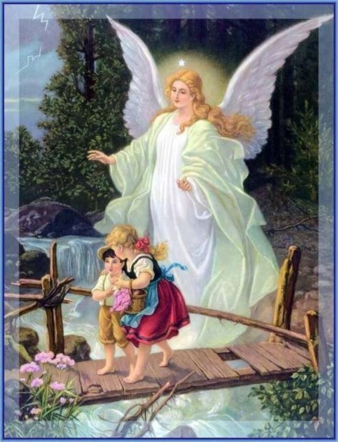 Guardian Angel Watching Children Crossing Broken Bridge Over The Stream