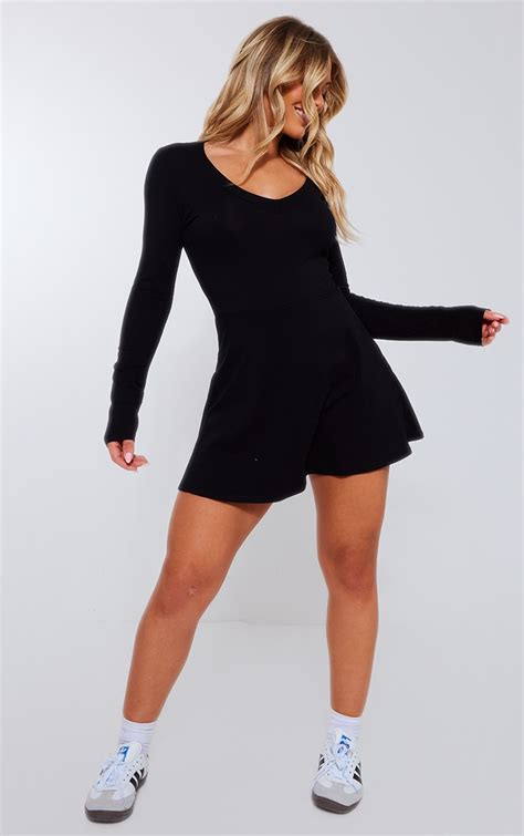 Black Long Sleeve Detail Skort Playsuit Jumpsuits And Playsuits Prettylittlething Aus