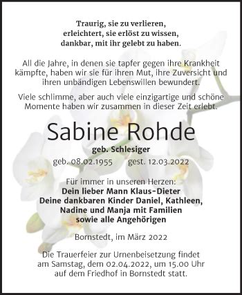 Traueranzeigen Von Sabine Rohde Abschied Nehmen De