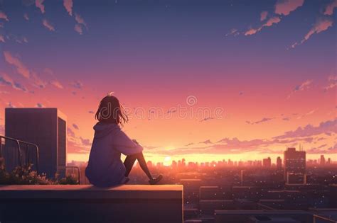 A Girl Sitting Alone In The Sunset Anime