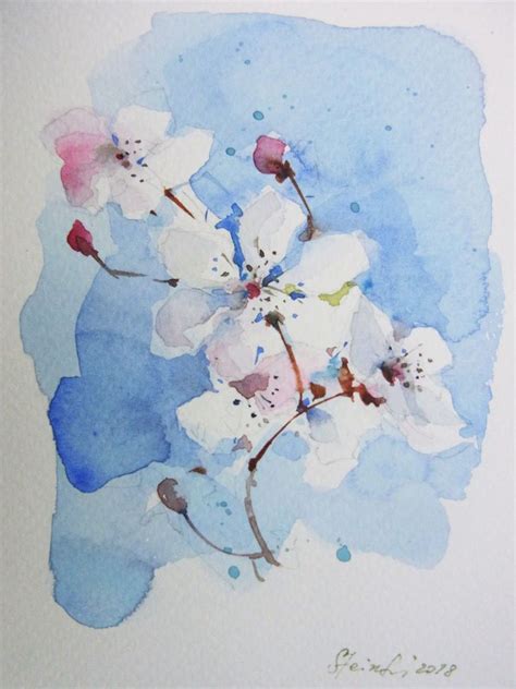 Original Aquarell Kirschbl Te Gr E X Cm Postkarte Ebay