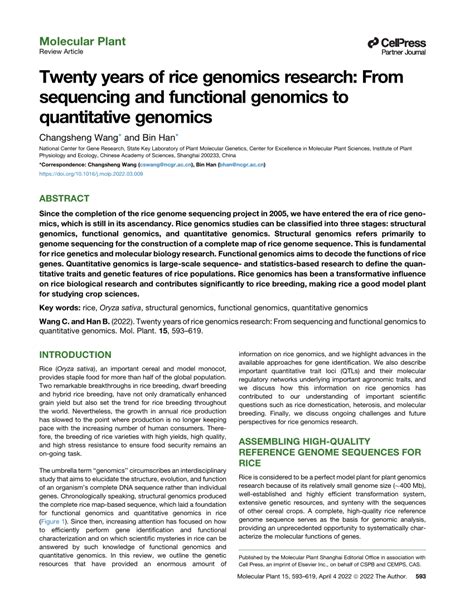 Pdf Years Of Rice Genomics Research From Sequencing Functional