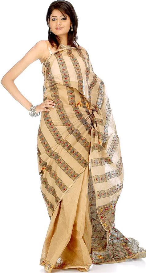 Stone Colored Kantha Stitch Sari From Bengal Exotic India Art