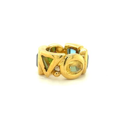 Chanel Geometric Multi Gemstone 18k Yellow Gold Wide Band Ring For Sale