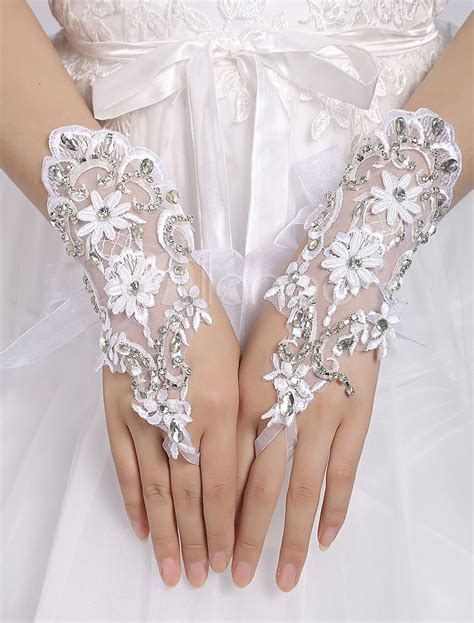 Short Wedding Gloves White Lace Fingerless Flowers Applique Organza