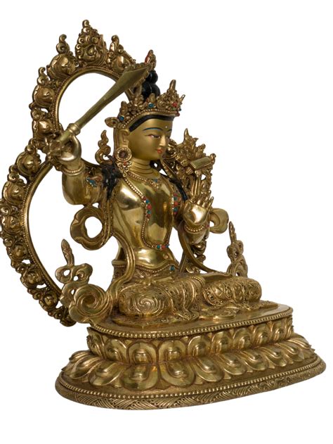 Buddhist Handmade Statue Of Manjushree Full Fire Gold Plated Face