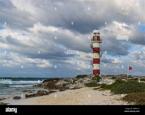 Old Historic Lighthouse In Cancun Mexico Of Caribbean Sea Coast Stock