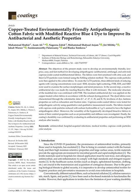 PDF Copper Treated Environmentally Friendly Antipathogenic Cotton