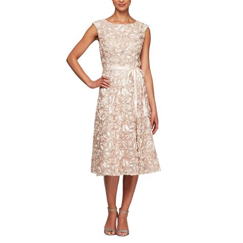 Alex Evenings Womens Tea Length Embroidered Dress Illusion Sleeves