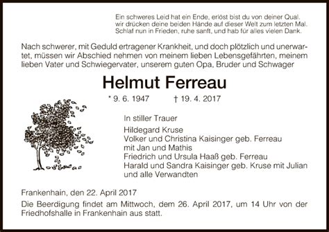 Traueranzeigen Von Helmut Ferreau Trauer Hna De