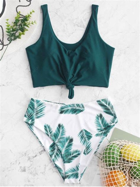 Off Zaful Leaf Print Knot Mix And Match Tankini Swimsuit In