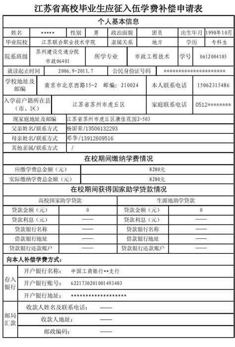 江苏省高校毕业生应征入伍学费补偿申请表word文档在线阅读与下载无忧文档