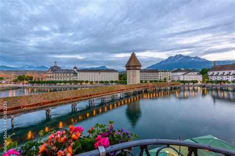 Night View Towards Chapel Bridge Kapellbruecke Together With The