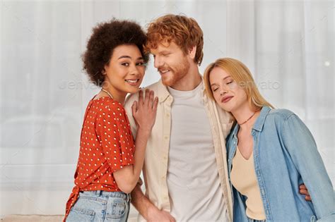 Polygamy Non Traditional Relationship Three Adults Happy Redhead Man