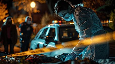 Premium Photo Forensic Investigator Examines Crime Scene At Night