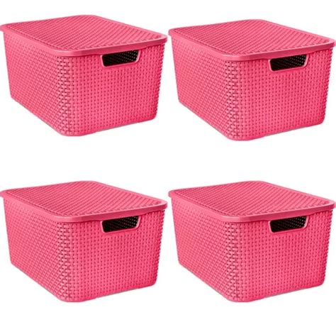 Kit 4 Caixa Rattan Organiza Guarda Brinquedos Tampa 15l Rosa MercadoLivre