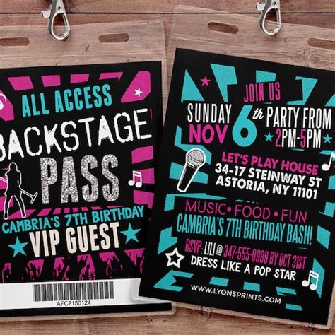 Birthday Invitation Rock Star Vip Pass Backstage Pass Etsy