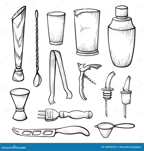 Bar Equipment Sketch Black And White Illustrations Set Stock Vector