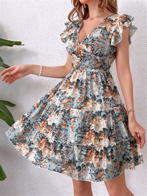 Shein Vcay Vestido Con Estampado Floral De Espalda Abierta Bajo Con