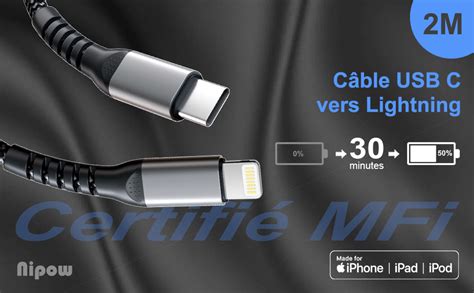 Câble USB C vers Lightning 2M Certifié Apple MFi Câble Chargeur