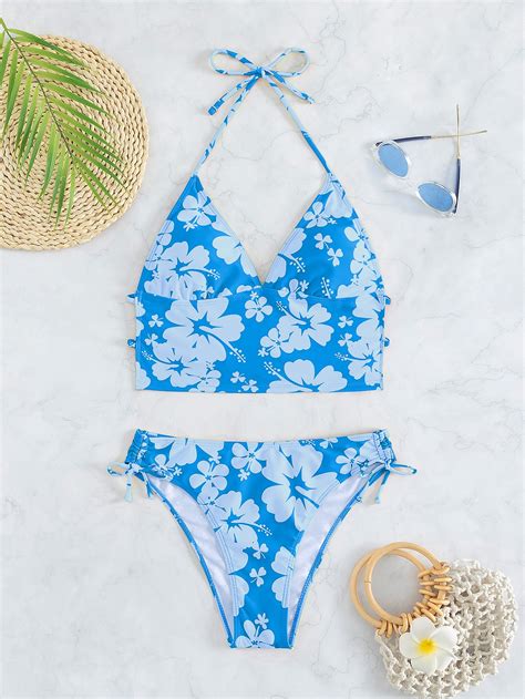 Shein Swim Vcay Floral Print Tankini Set Halter Triangle Bra