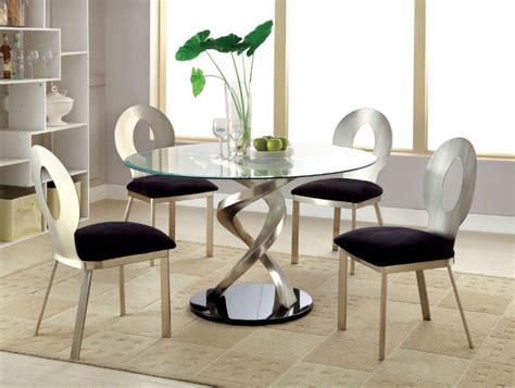 Cm3729t 3727 5pc 5 Pc Roxo Modern Style Satin Plated Metal 48″ Round Glass Dining Table Set