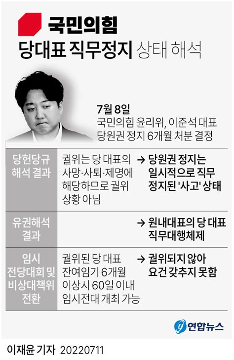 그래픽 국민의힘 당대표 직무정지 상태 해석 연합뉴스