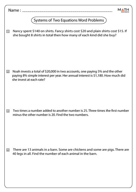 Systems Of Equations Word Problems Worksheets Math Monks