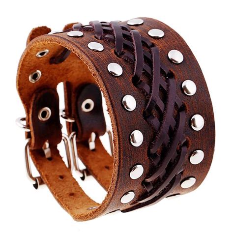 Zense Bracelet De Force Homme Biker En Cuir Ajustable Marron Zb