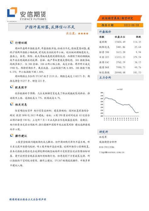 安信期货：沪指冲高回落反弹信心不足