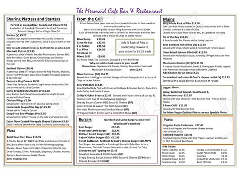 Menu At The Mermaid Cafe Bar Restaurant The Mumbles