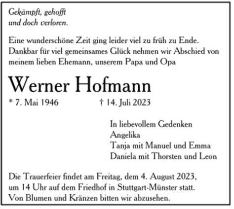 Traueranzeigen Von Werner Hofmann Trauer De