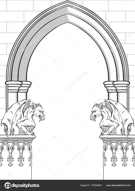 Gothic Arch With Gargoyles Hand Drawn Vector Illustration Frame Or