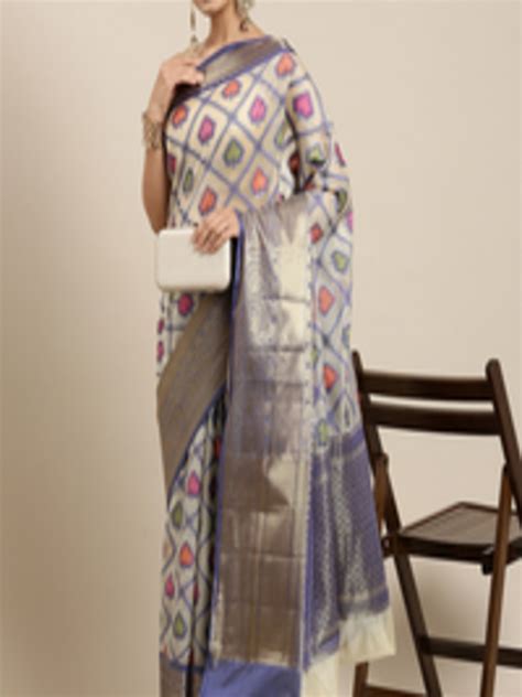 Buy The Chennai Silks Cream Coloured Blue Zari Organza Fusion