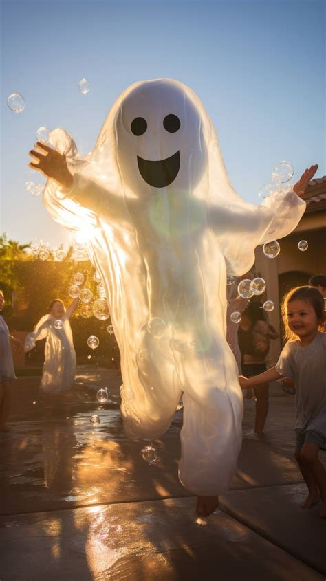 A playful ghost made of bubbles gleefully floats around children in costumes chasing after it