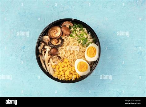 Ramen Soba Noodles With Eggs Mushrooms And Vegetables Overhead Shot