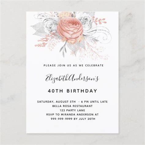 Birthday Rose Gold Florals Elegant White Invitation Postcard Zazzle Budget Birthday Silver