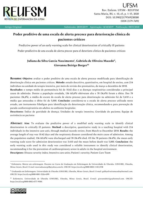 Pdf Poder Preditivo De Uma Escala De Alerta Precoce Para Deterioração Clínica De Pacientes