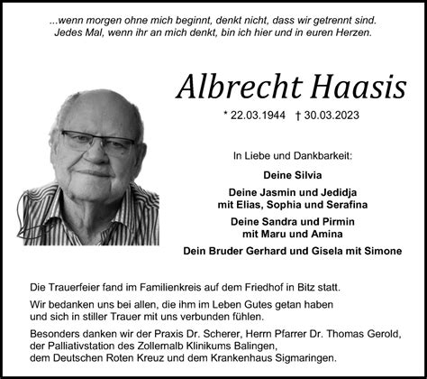 Traueranzeigen Von Albrecht Haasis S Dwest Presse Trauer