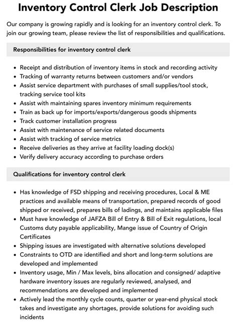 Inventory Control Clerk Job Description Velvet Jobs