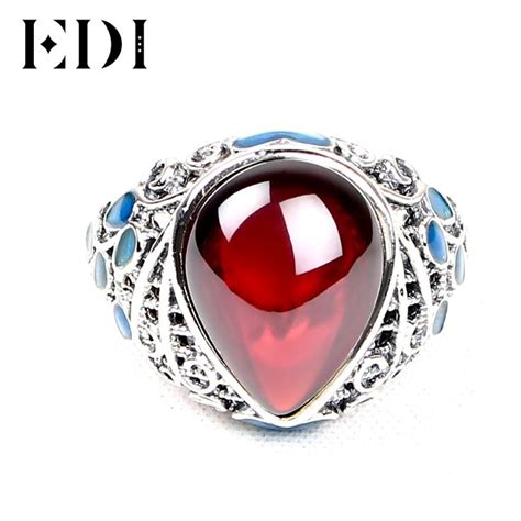 Edi Women Sterling Thai Silver Gems Rings Dripping Garnet Cloisonne